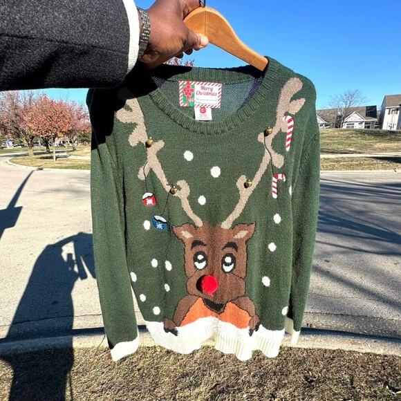 Merry Christmas Rudolph The Red Nose Reindeer Ugly Christmas Bells Sweater Large - Picture 4 of 10